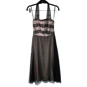 90s Laundry Shelli Segal Black Tulle Mesh Halter Midi Dress with Pink Embroidery